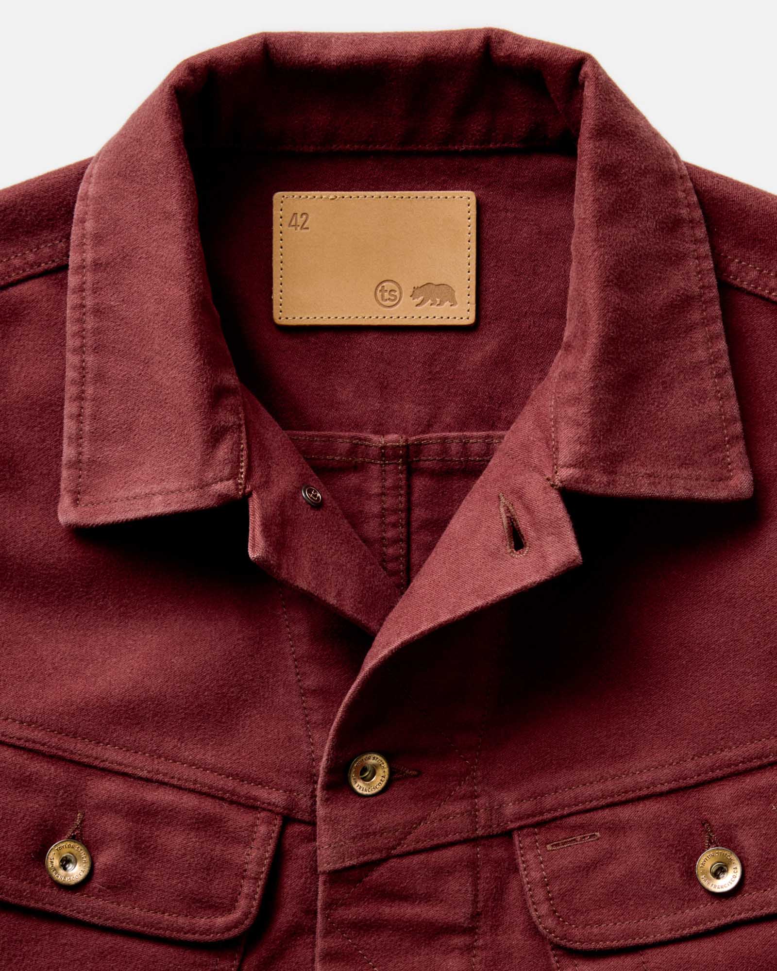 material shot of the collar on The Long Haul Jacket in Dried Cherry Moleskin, Outerwear by Taylor Stitch