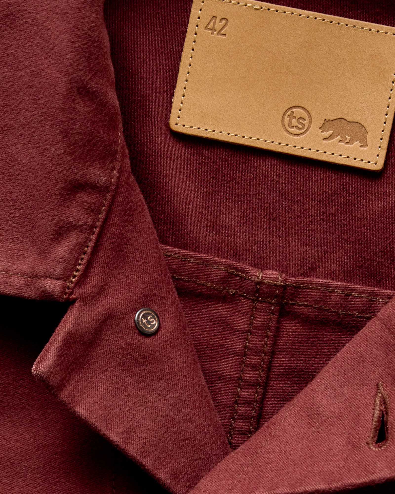 material shot of the inner collar on The Long Haul Jacket in Dried Cherry Moleskin, Outerwear by Taylor Stitch