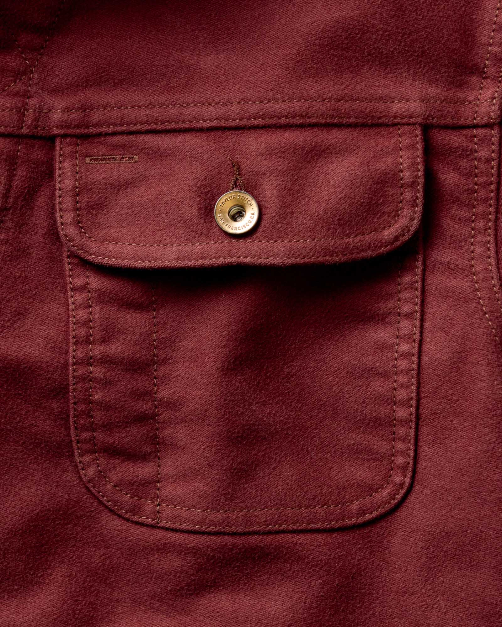 material shot of the pocket on The Long Haul Jacket in Dried Cherry Moleskin, Outerwear by Taylor Stitch