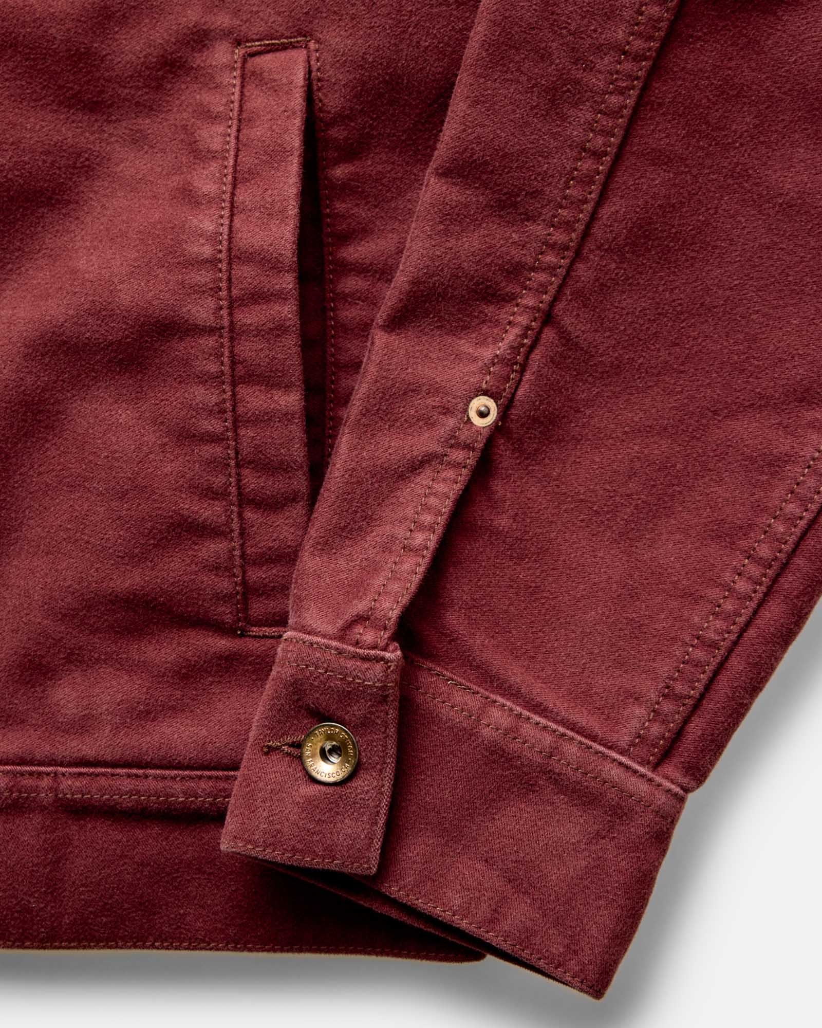 material shot of the sleeve on The Long Haul Jacket in Dried Cherry Moleskin, Outerwear by Taylor Stitch