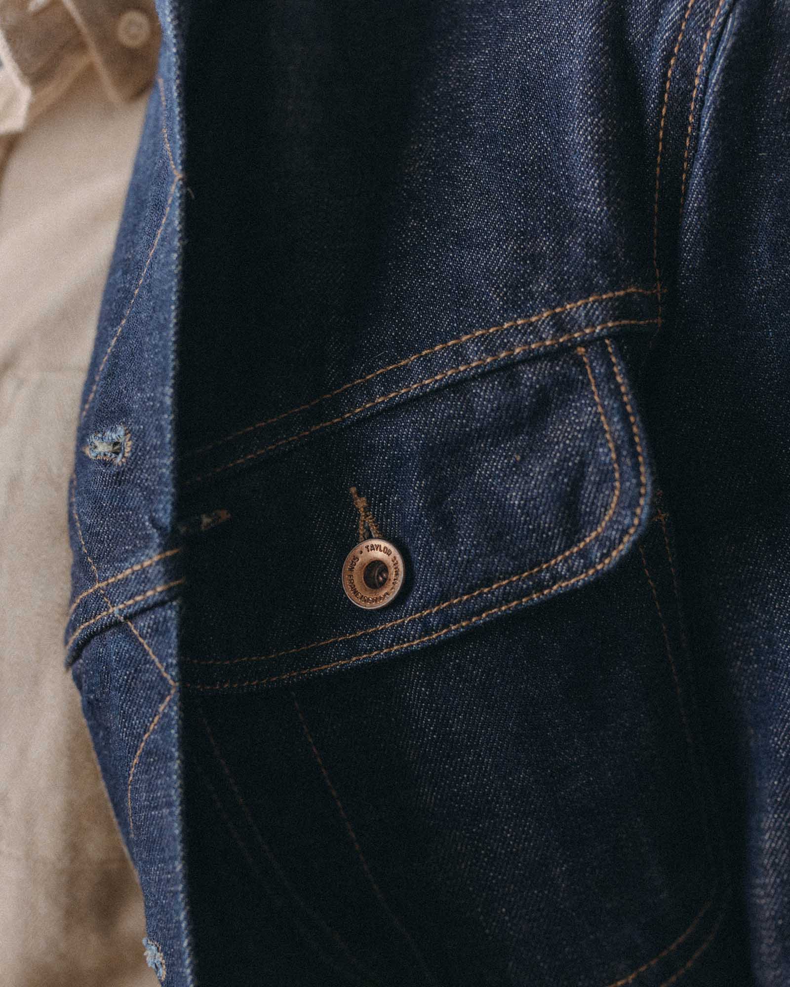 editorial image of the buttons on The Long Haul Jacket in Rinsed Organic Selvedge, Outerwear by Taylor Stitch