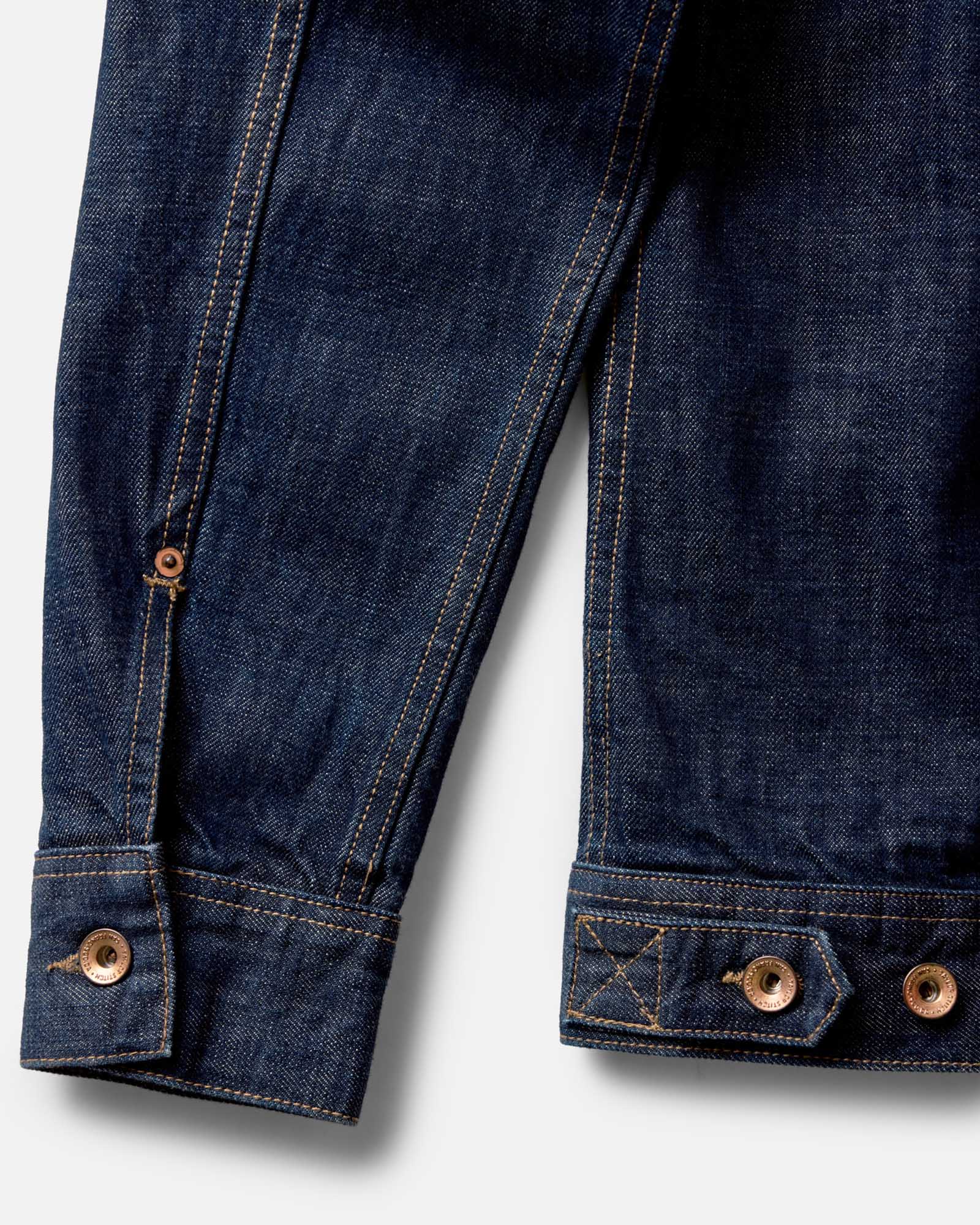 material shot of the sleeve on The Long Haul Jacket in Rinsed Organic Selvedge, Outerwear by Taylor Stitch