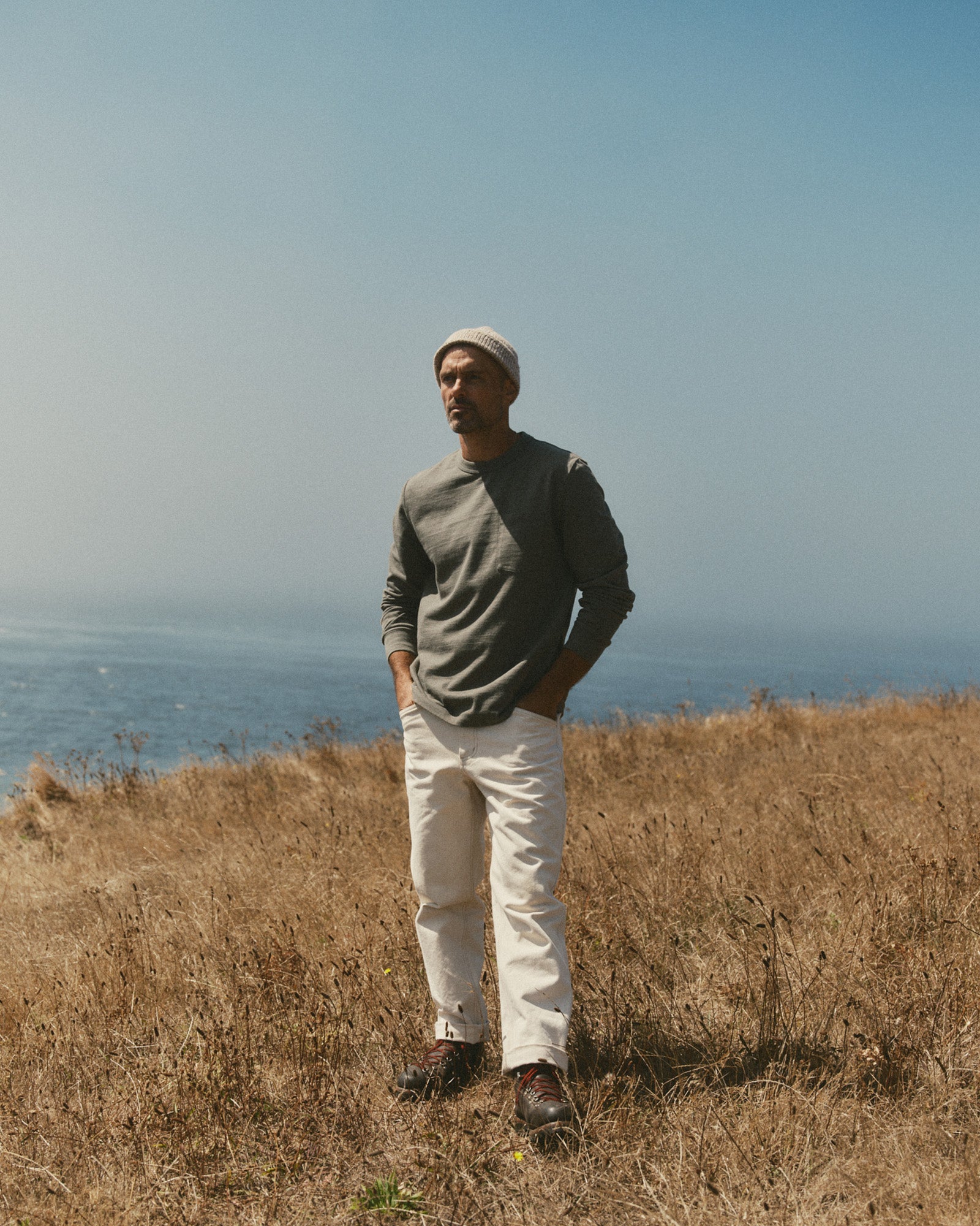 fit model showing off The Long Sleeve Shop Tee in Army Twist, Knits by Taylor Stitch