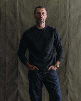 fit model posing in The Long Sleeve Shop Tee in Coal Twist, Knits by Taylor Stitch