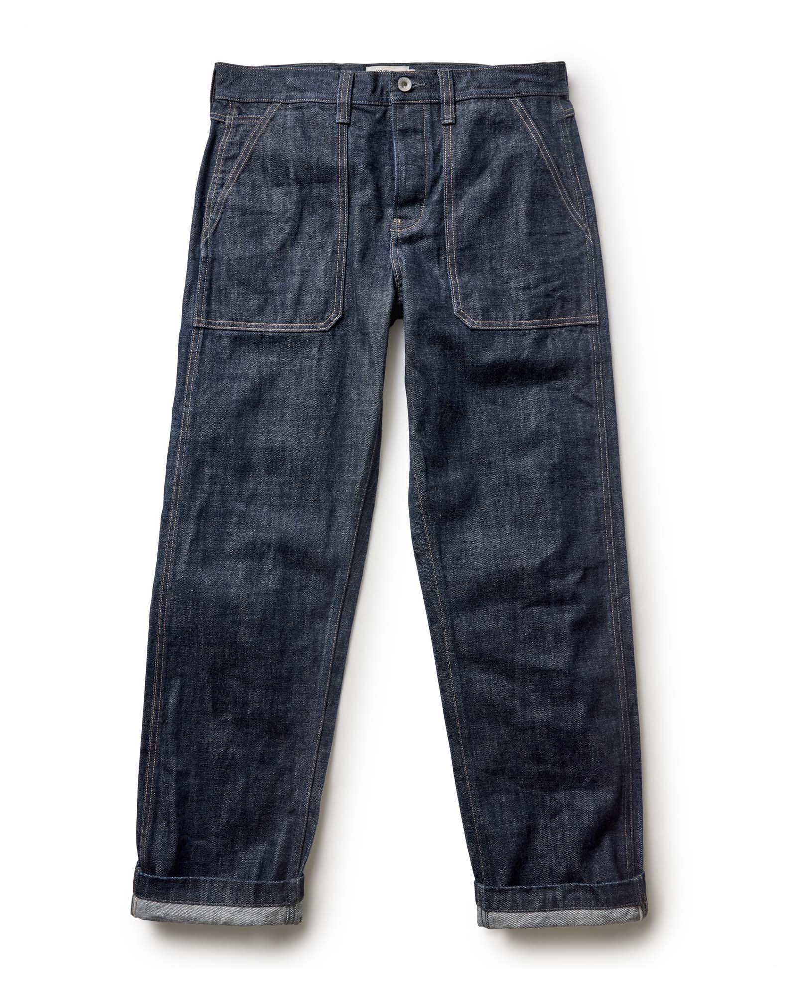 fit model with a rag in the pocket of The Mariner Jean in Rinse Organic Selvedge, Bottoms by Taylor Stitch