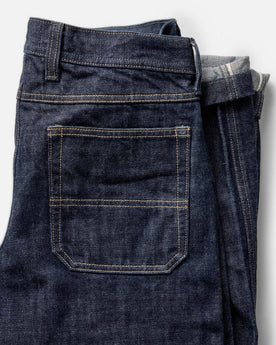 material shot of the cuffs on The Mariner Jean in Rinse Organic Selvedge, Bottoms by Taylor Stitch