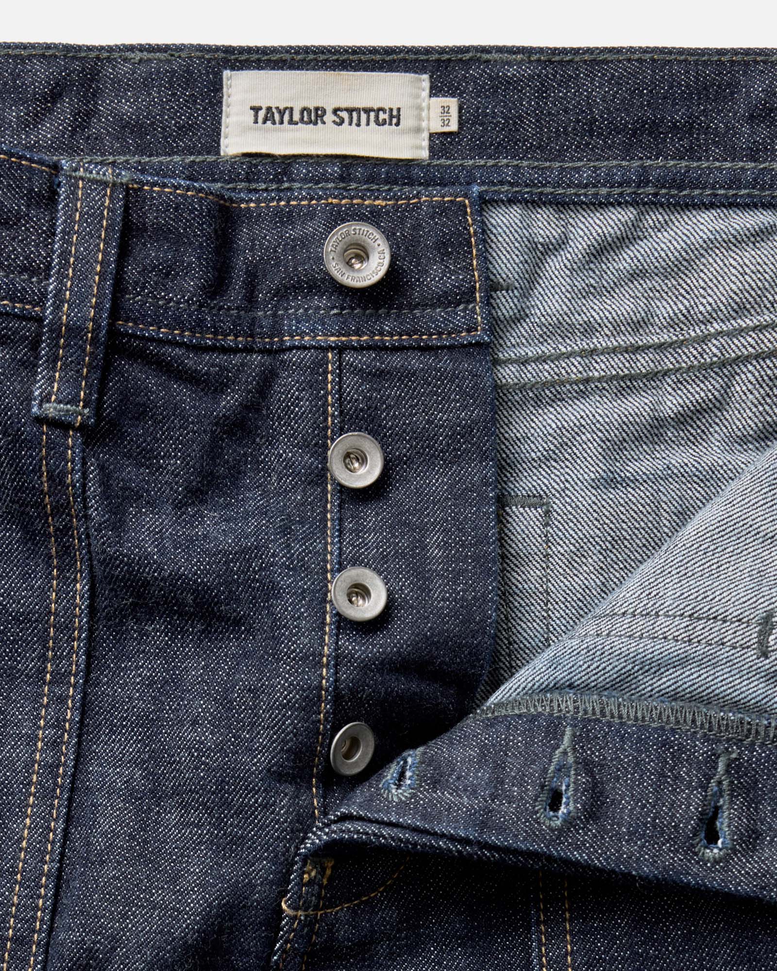 material shot of the pocket on The Mariner Jean in Rinse Organic Selvedge, Bottoms by Taylor Stitch