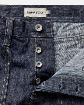 material shot of the pocket on The Mariner Jean in Rinse Organic Selvedge, Bottoms by Taylor Stitch