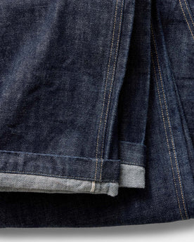 material shot of the button fly on The Mariner Jean in Rinse Organic Selvedge, Bottoms by Taylor Stitch