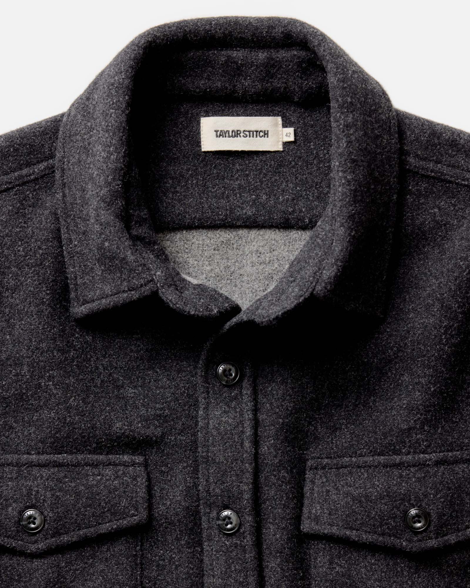 material shot of the collar on The Maritime Shirt Jacket in Heather Charcoal Wool, Outerwear by Taylor Stitch