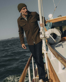 fit model posing in The Maritime Shirt Jacket in Ranger Twill Wool, Outerwear by Taylor Stitch