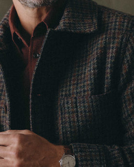 fit model showing off the collar on The Ojai Jacket in Marsh Guncheck Harris Tweed Wool, Outerwear by Taylor Stitch