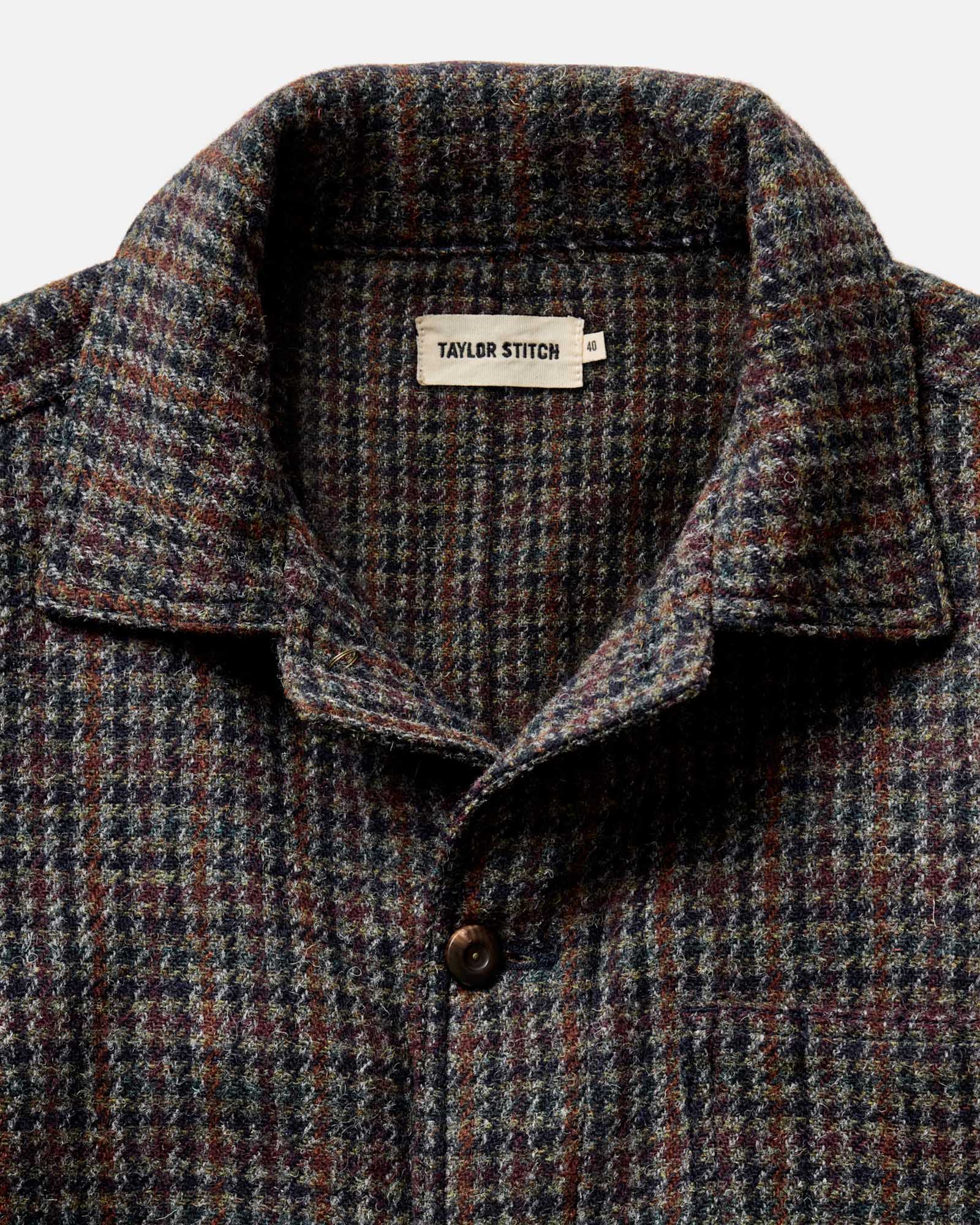 material shot of the collar on The Ojai Jacket in Marsh Guncheck Harris Tweed Wool, Outerwear by Taylor Stitch