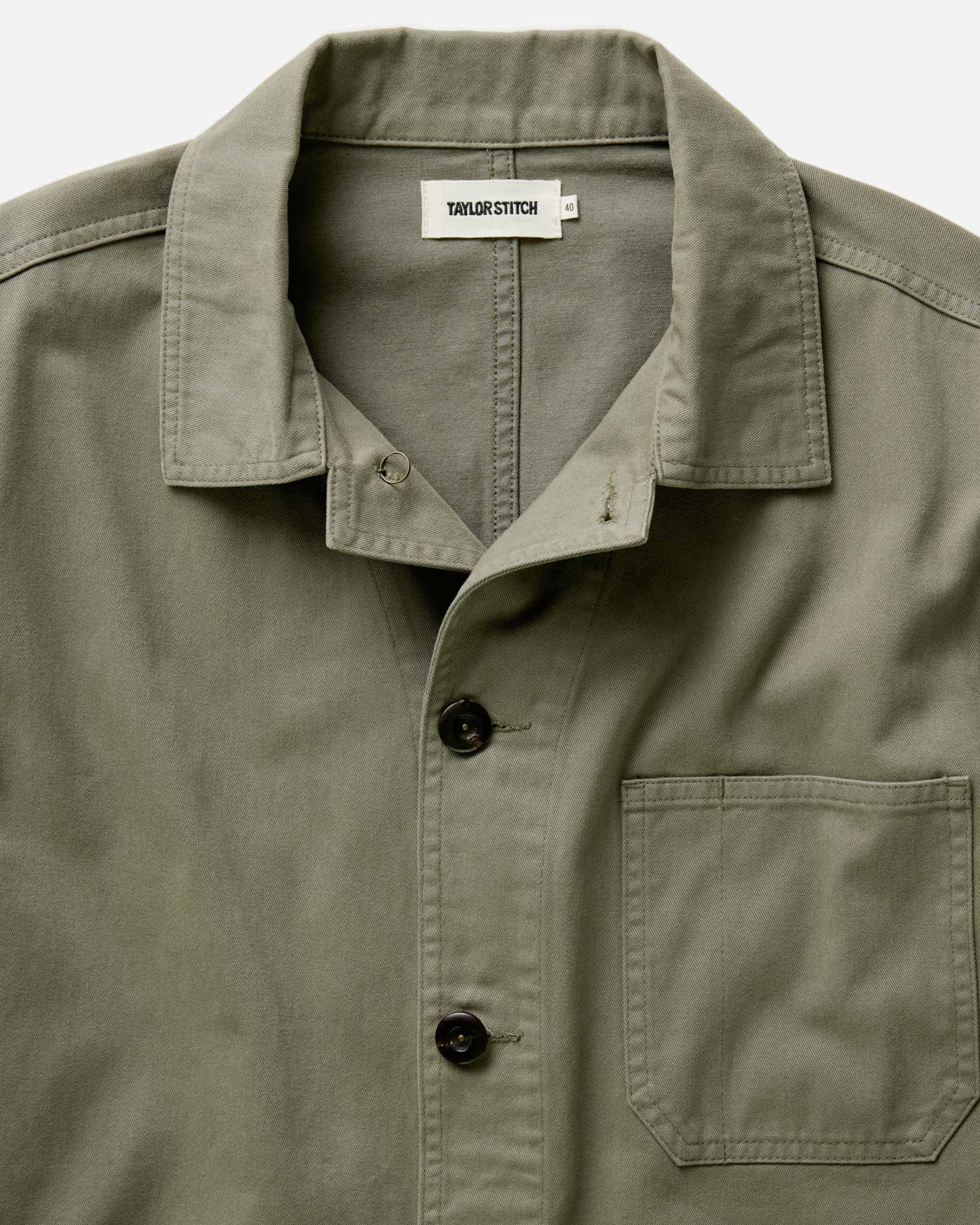 material shot of the collar on The Ojai Jacket in Organic Smoked Olive Foundation Twill, Outerwear by Taylor Stitch