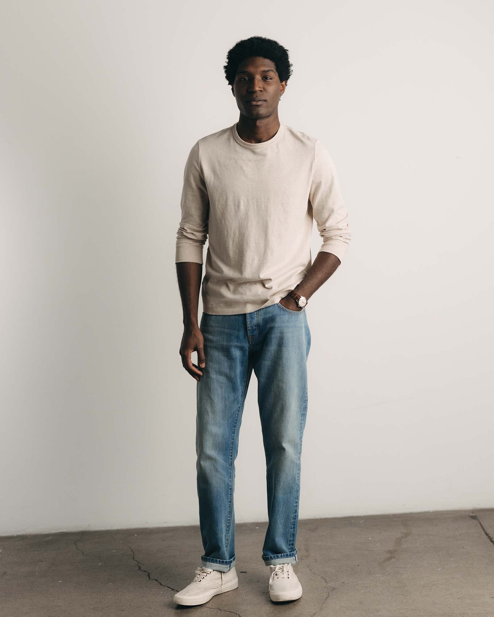 material shot of the collar on The Organic Cotton Long Sleeve Tee in Heather Oat, Knits by Taylor Stitch