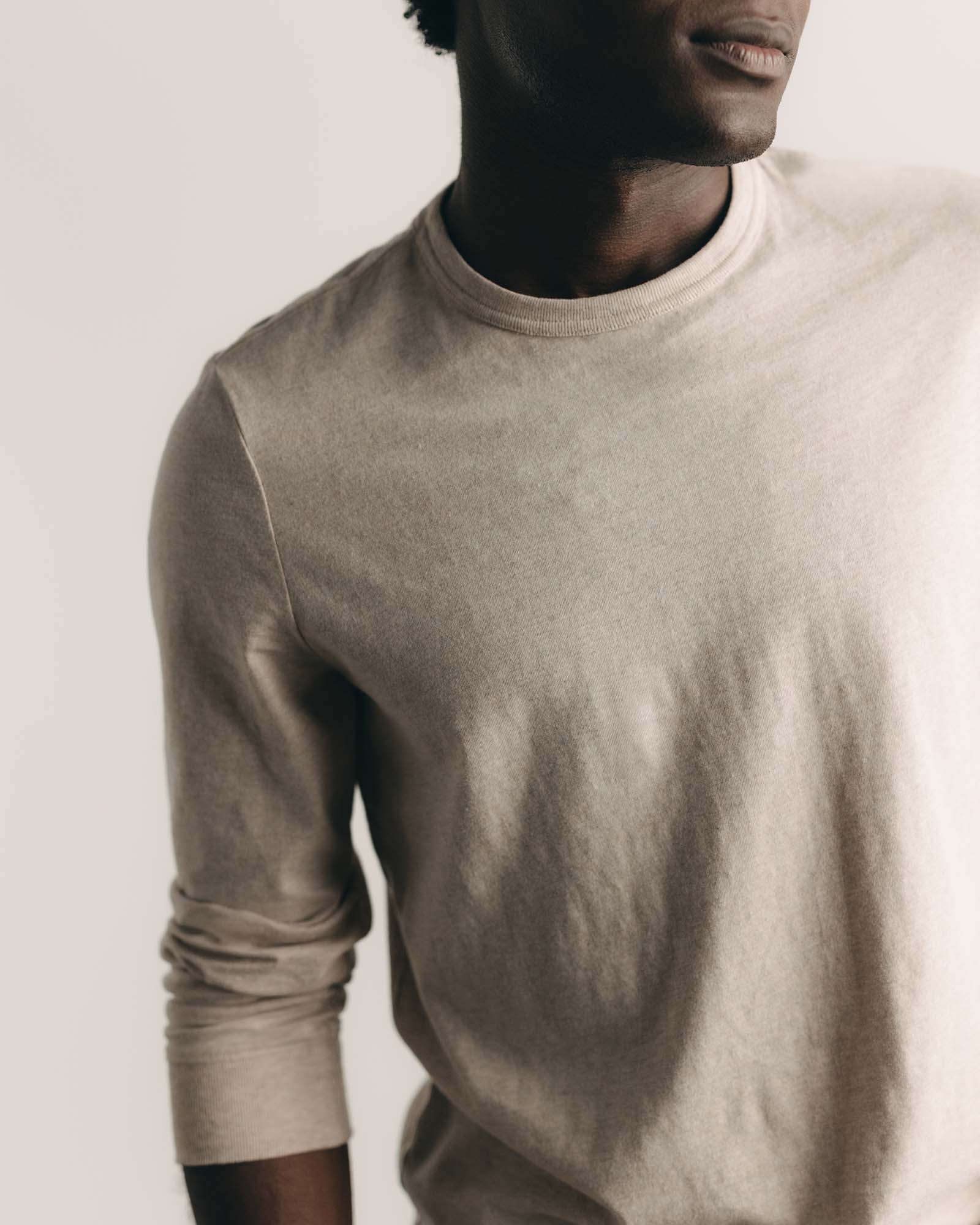 material shot of the sleeves on The Organic Cotton Long Sleeve Tee in Heather Oat, Knits by Taylor Stitch