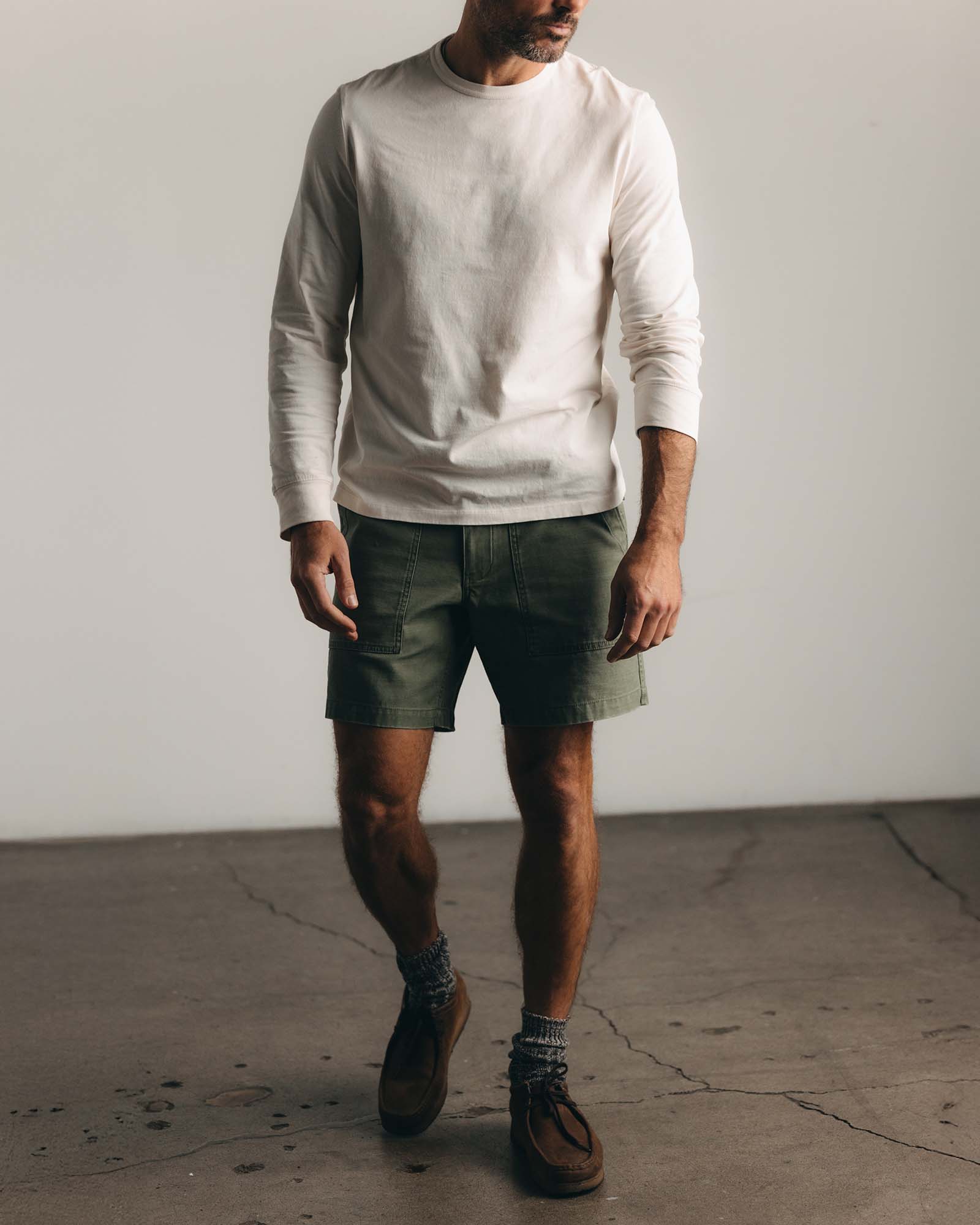 material shot of the collar on The Organic Cotton Long Sleeve Tee in Vintage White, Knits by Taylor Stitch