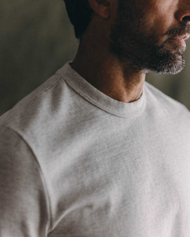 fit model posing in The Organic Cotton Shop Tee in Oat Twist, Knits by Taylor Stitch