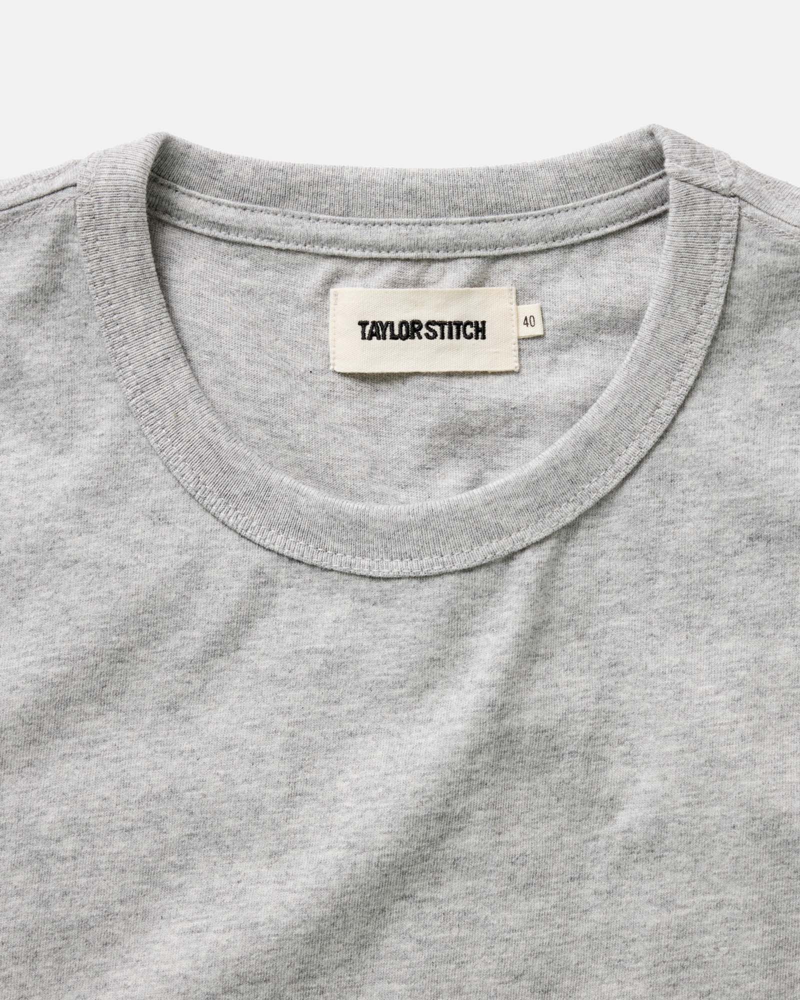 material shot of the collar on The Organic Cotton Tee in Heather Grey, Knits by Taylor Stitch