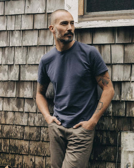 fit model wearing The Organic Cotton Tee in Navy, Knits by Taylor Stitch