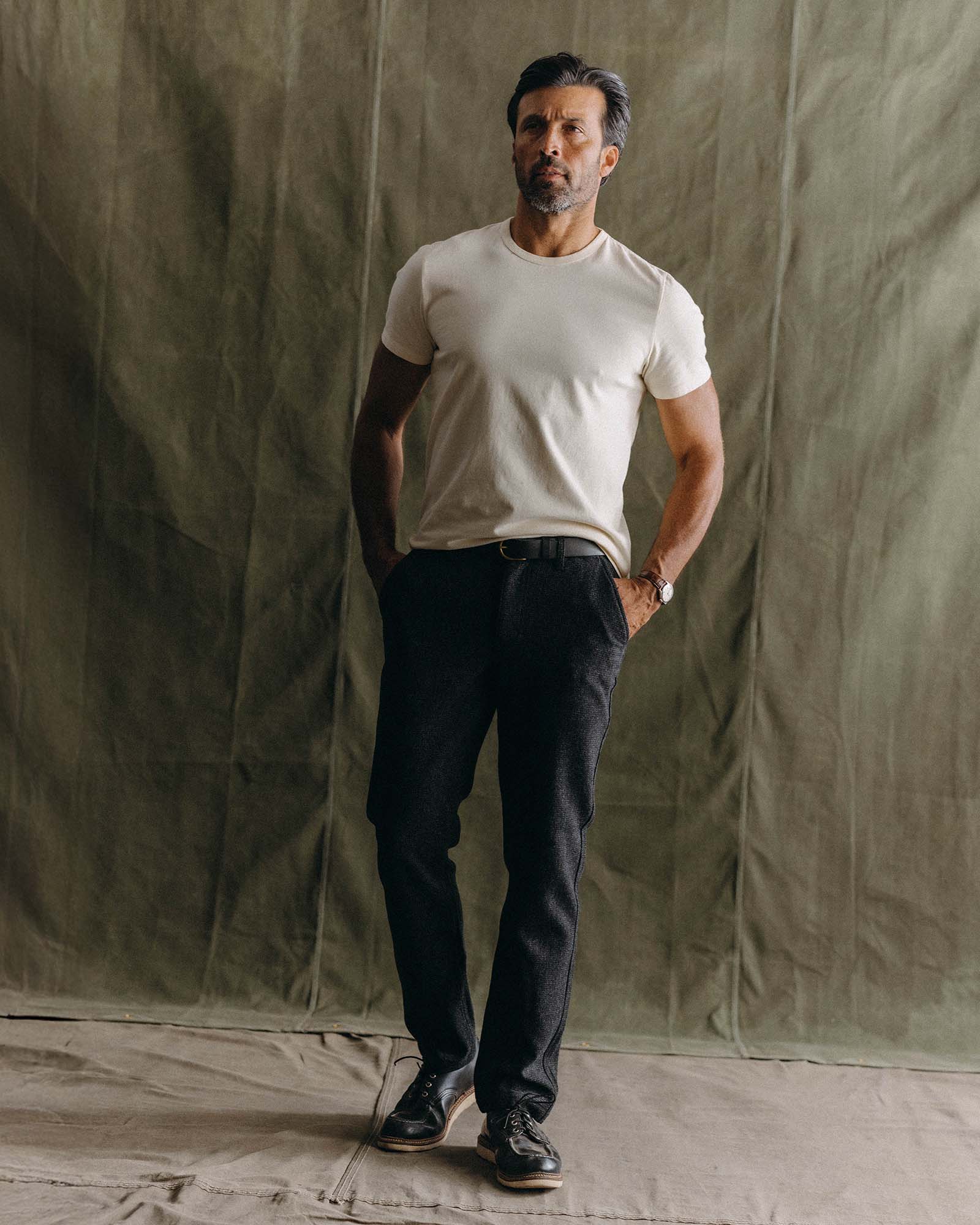 fit model showing off collar on The Organic Cotton Tee in Vintage White, Knits by Taylor Stitch