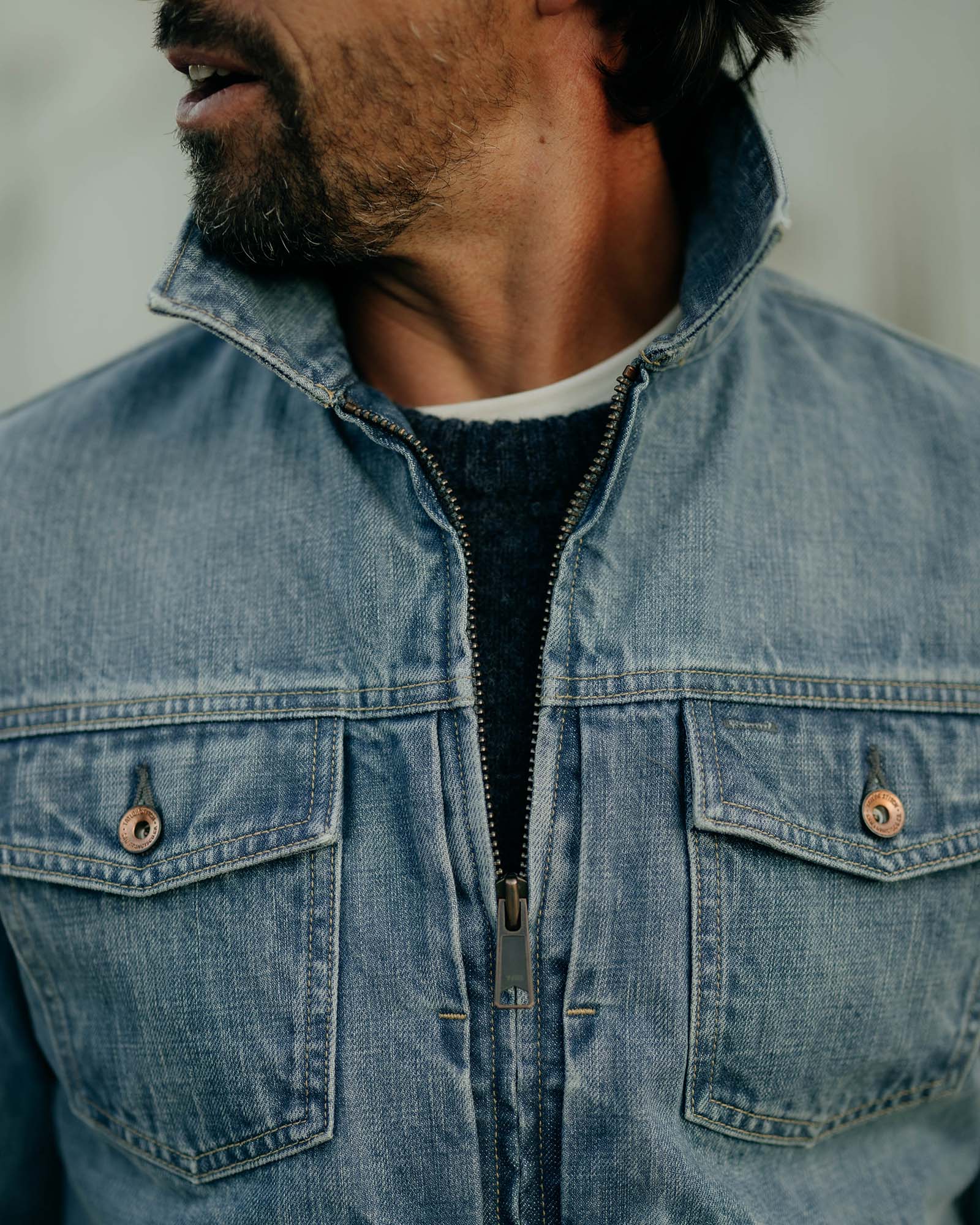 fit model showing off The Roper Jacket in Vintage Wash Organic Selvedge, Outerwear by Taylor Stitch