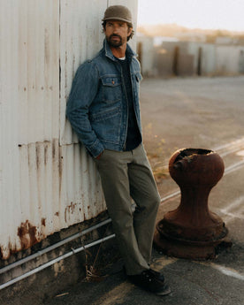 fit model posing in The Roper Jacket in Vintage Wash Organic Selvedge, Outerwear by Taylor Stitch