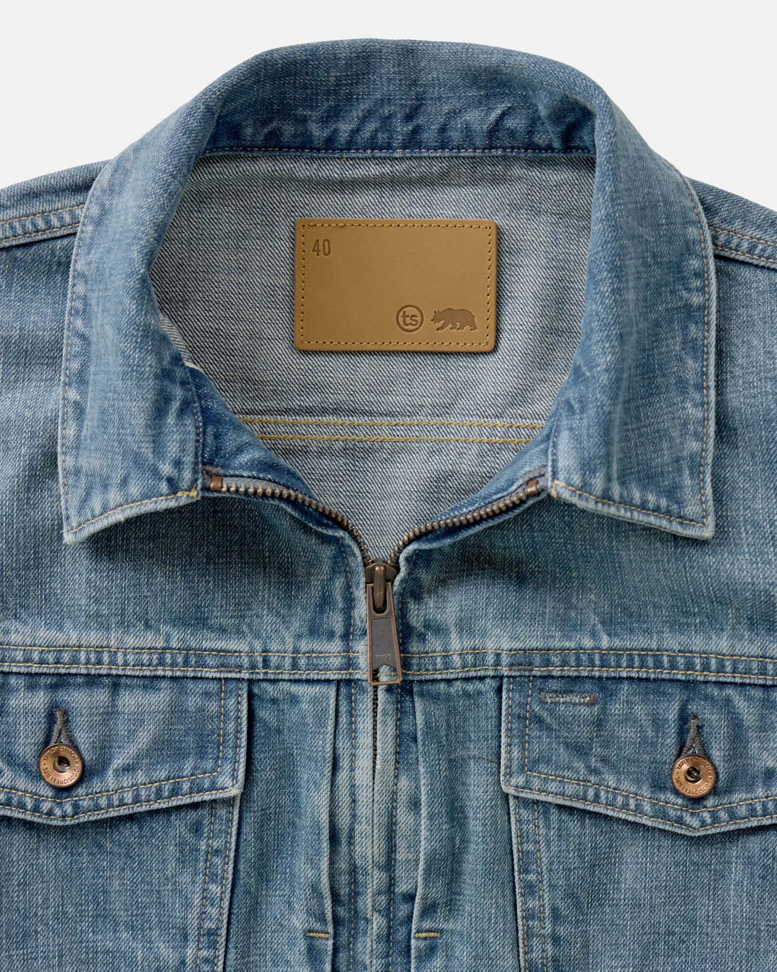 material shot of the collar on The Roper Jacket in Vintage Wash Organic Selvedge, Outerwear by Taylor Stitch