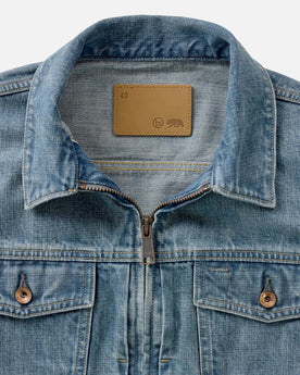 material shot of the collar on The Roper Jacket in Vintage Wash Organic Selvedge, Outerwear by Taylor Stitch