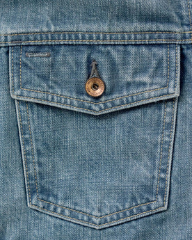 material shot of the pocket on The Roper Jacket in Vintage Wash Organic Selvedge, Outerwear by Taylor Stitch