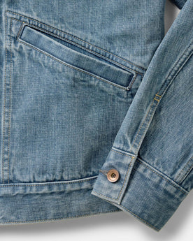 material shot of the sleeve on The Roper Jacket in Vintage Wash Organic Selvedge, Outerwear by Taylor Stitch