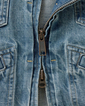 material shot of the zipper on The Roper Jacket in Vintage Wash Organic Selvedge, Outerwear by Taylor Stitch