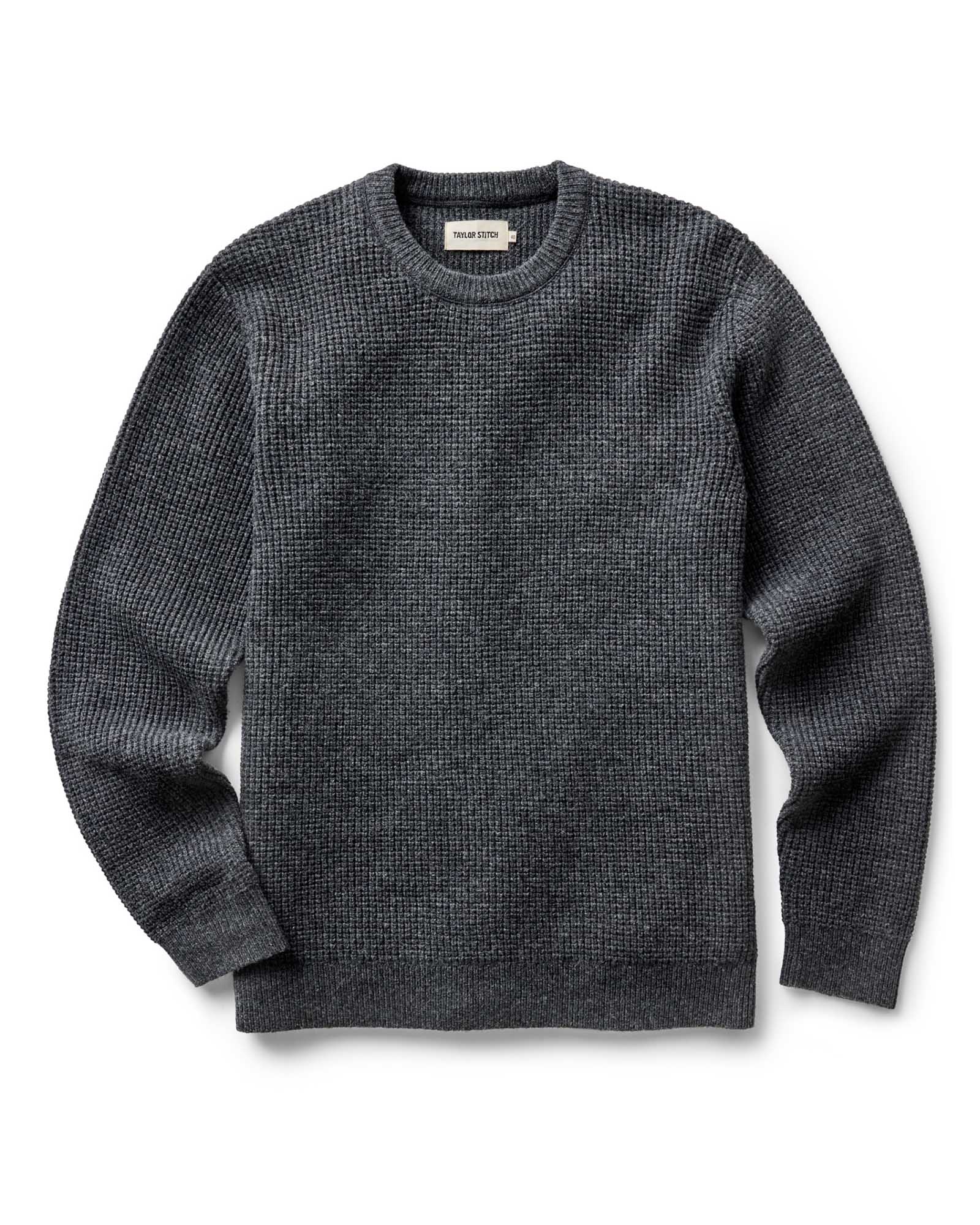 flatlay of The Sidecountry Crew in Heather Graphite Merino Waffle, Knits by Taylor Stitch