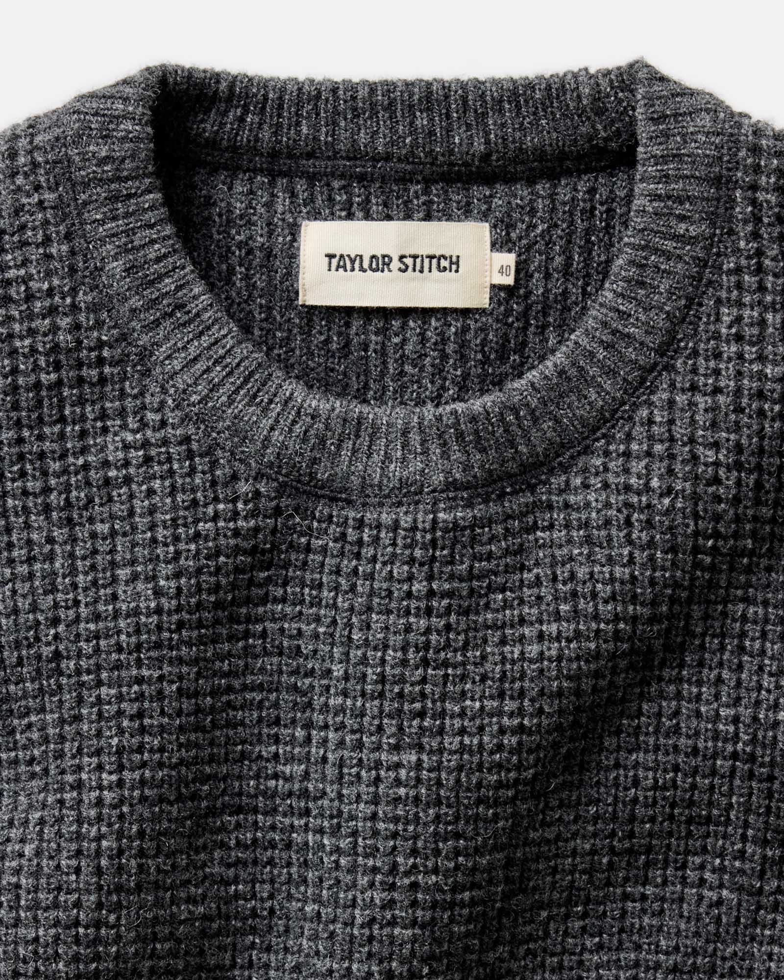 material shot of the collar on The Sidecountry Crew in Heather Graphite Merino Waffle, Knits by Taylor Stitch