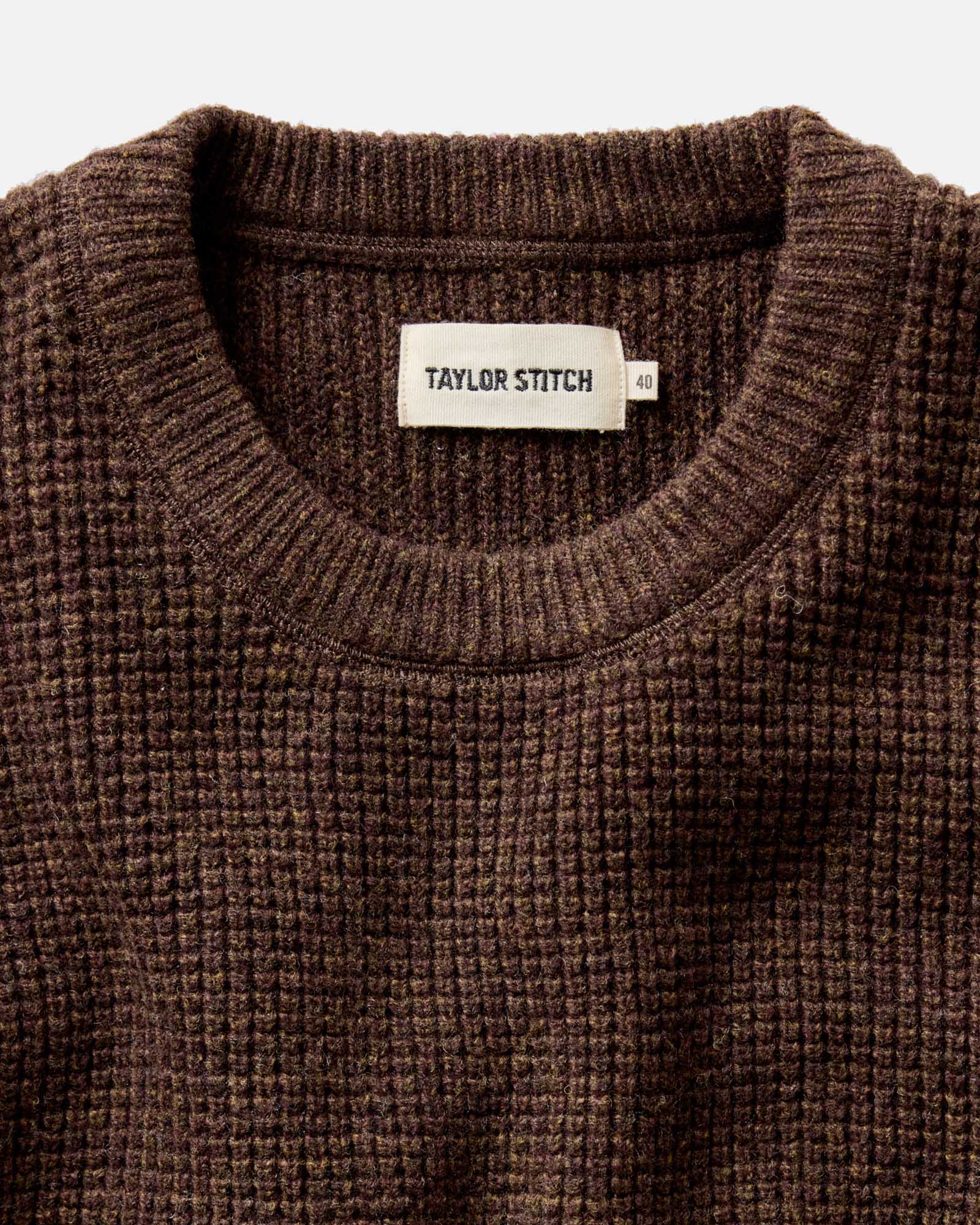 material shot of the collar on The Sidecountry Crew in Heather Marsh Merino Waffle, Knits by Taylor Stitch