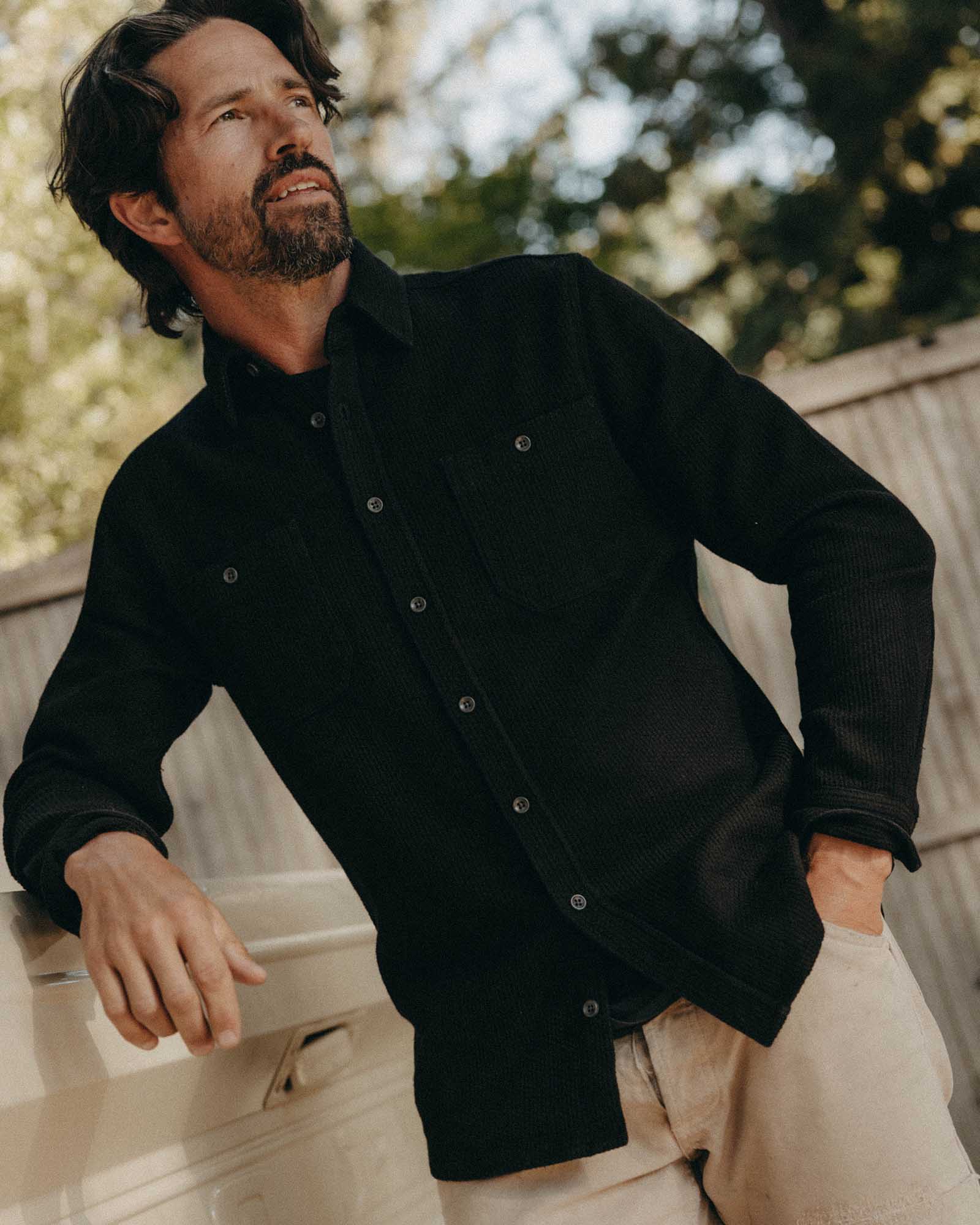fit model posing in The Utility Shirt in Black Indigo Sashiko, Wovens by Taylor Stitch