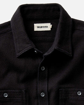 material shot of the collar on The Utility Shirt in Black Indigo Sashiko, Wovens by Taylor Stitch