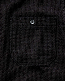 material shot of the pocket on The Utility Shirt in Black Indigo Sashiko, Wovens by Taylor Stitch