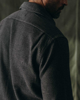 fit model showing off the back of The Utility Shirt in Charcoal Sashiko, Wovens by Taylor Stitch