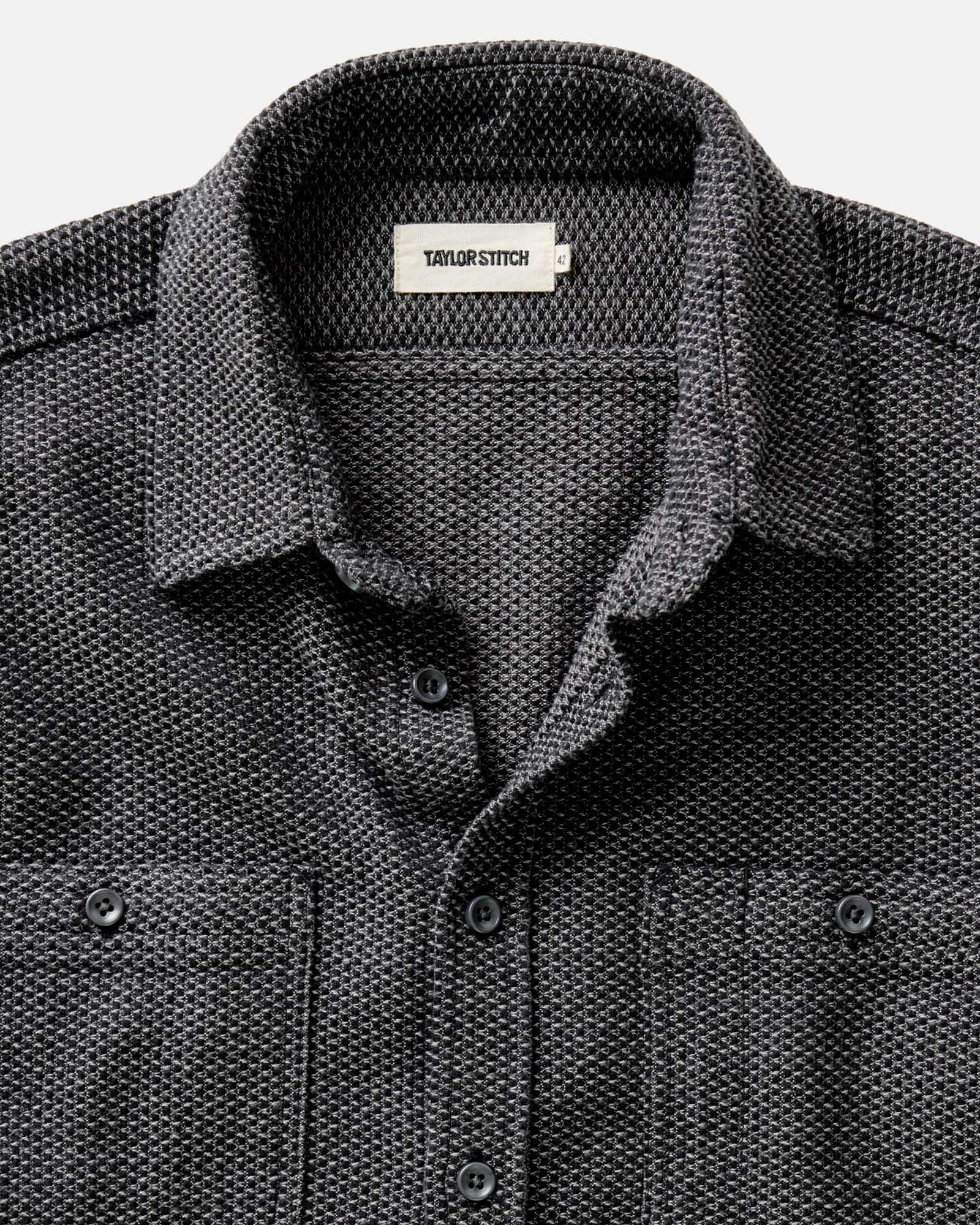 material shot of the collar on The Utility Shirt in Charcoal Sashiko, Wovens by Taylor Stitch