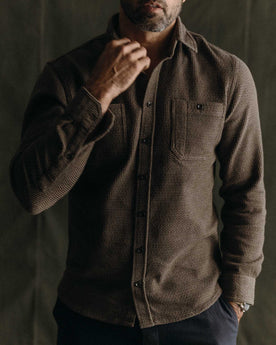 fit model posing in The Utility Shirt in Mulch Sashiko, Wovens by Taylor Stitch