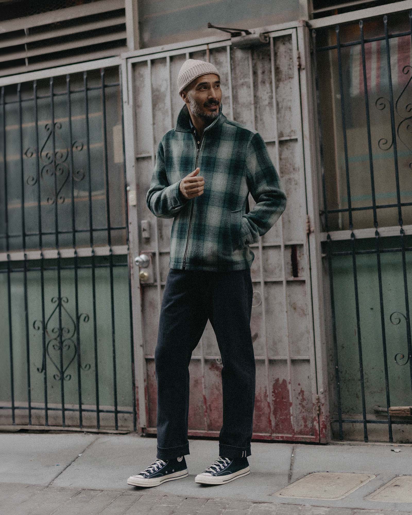 fit model posing in The Waterfront Jacket in Evergreen Plaid Wool, Outerwear by Taylor Stitch