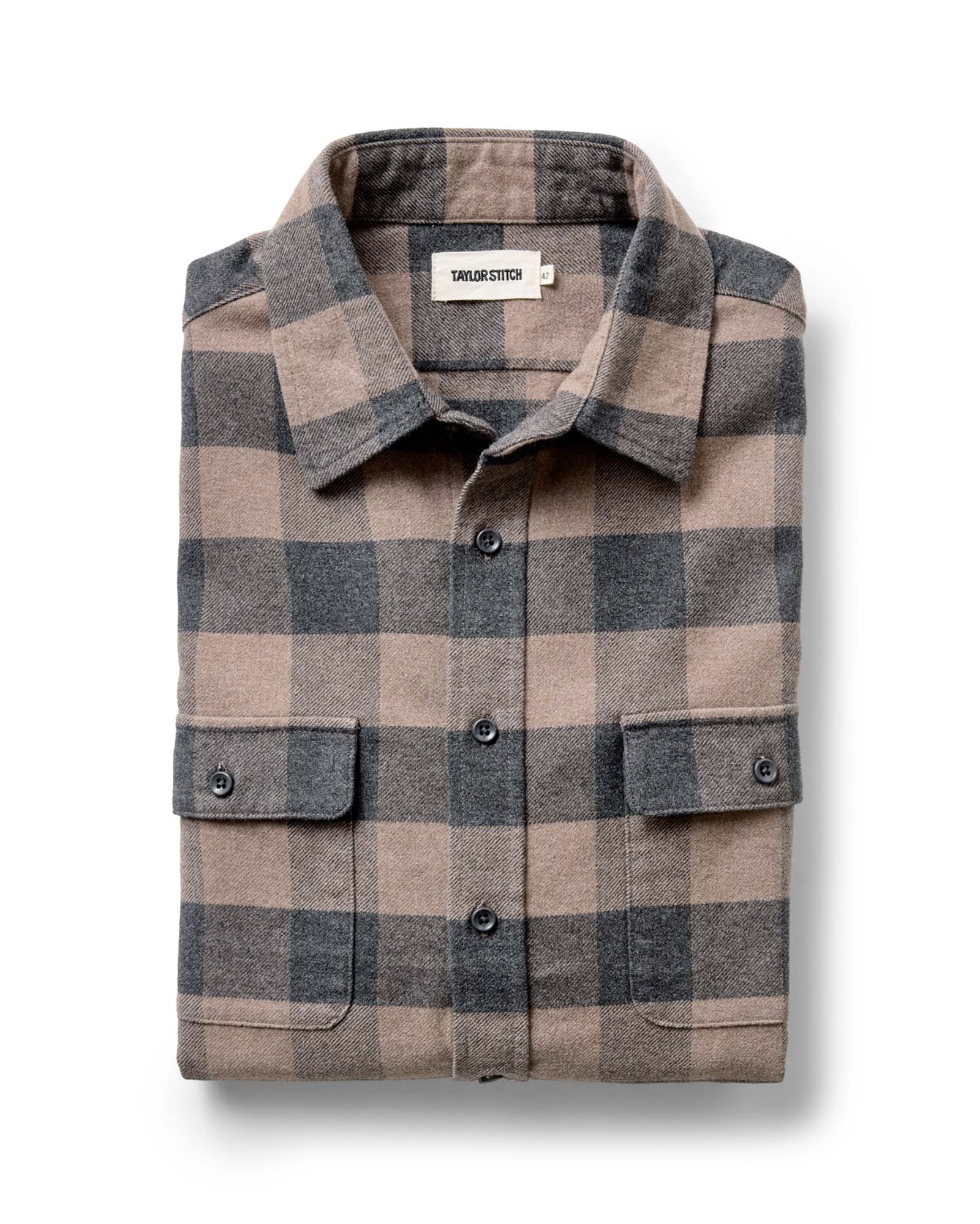 folded flatlay of The Yosemite Shirt in Heather Sable Buffalo Check, Wovens by Taylor Stitch
