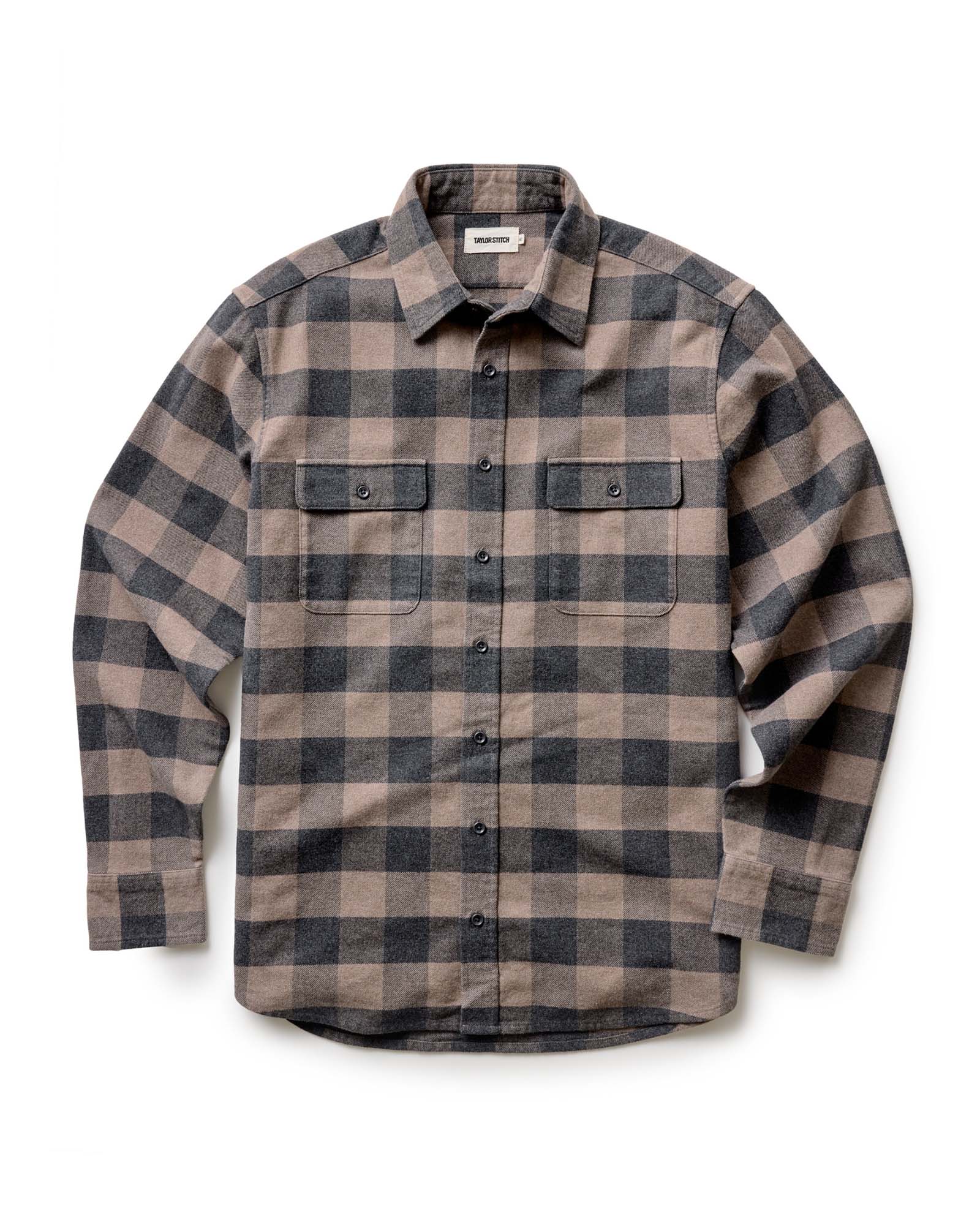 flatlay of The Yosemite Shirt in Heather Sable Buffalo Check, Wovens by Taylor Stitch