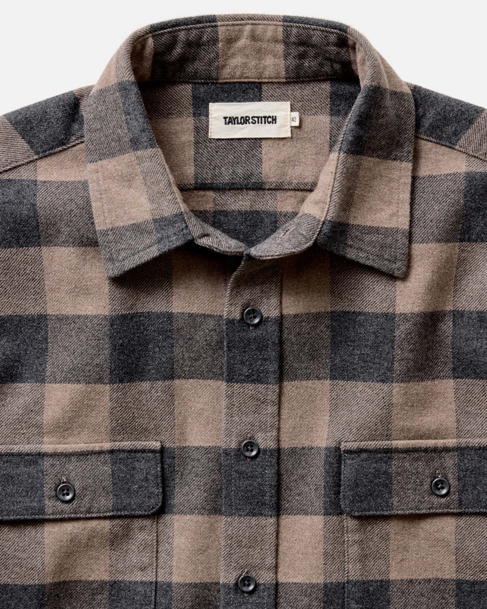 material shot of the collar on The Yosemite Shirt in Heather Sable Buffalo Check, Wovens by Taylor Stitch