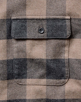 material shot of the pocket on The Yosemite Shirt in Heather Sable Buffalo Check, Wovens by Taylor Stitch