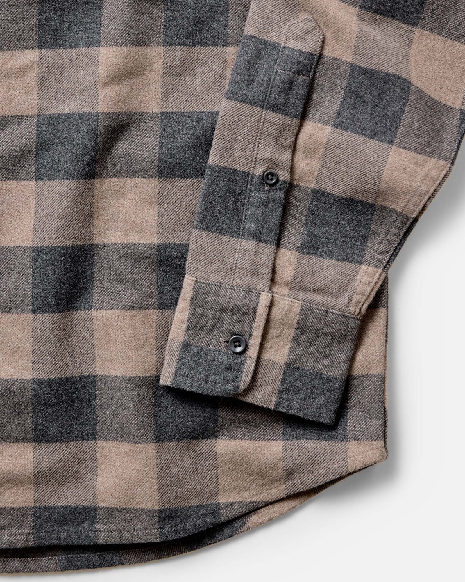 material shot of the sleeve on The Yosemite Shirt in Heather Sable Buffalo Check, Wovens by Taylor Stitch