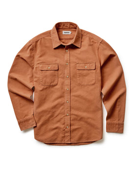 flatlay of The Yosemite Shirt in Summit Orange, Wovens by Taylor Stitch