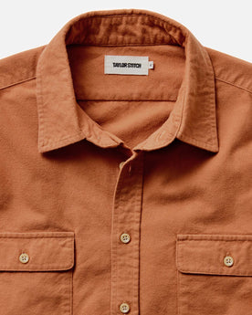 material shot of the collar on The Yosemite Shirt in Summit Orange, Wovens by Taylor Stitch