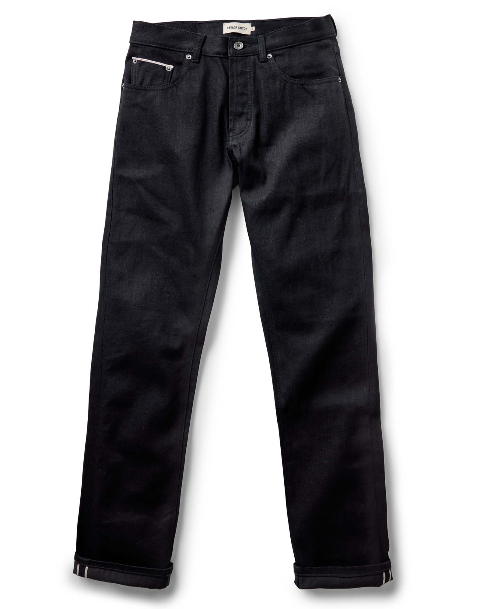 flatlay of The Democratic Jean in Rigid Black Organic Selvedge, Bottoms by Taylor Stitch